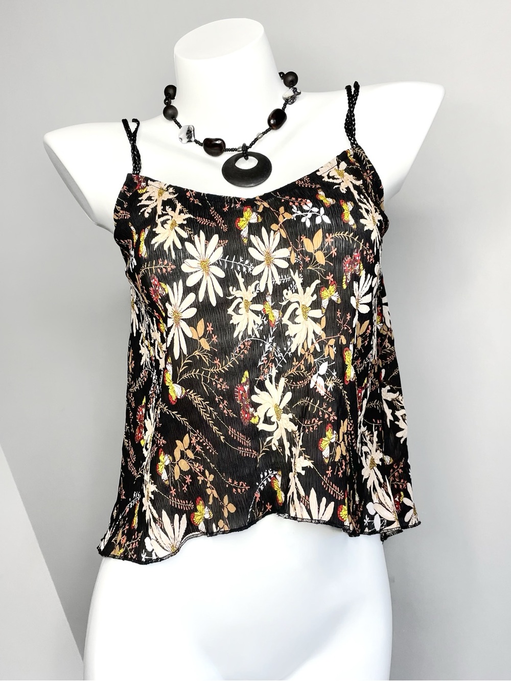 Boho Black Floral Braid Straps Cami Top